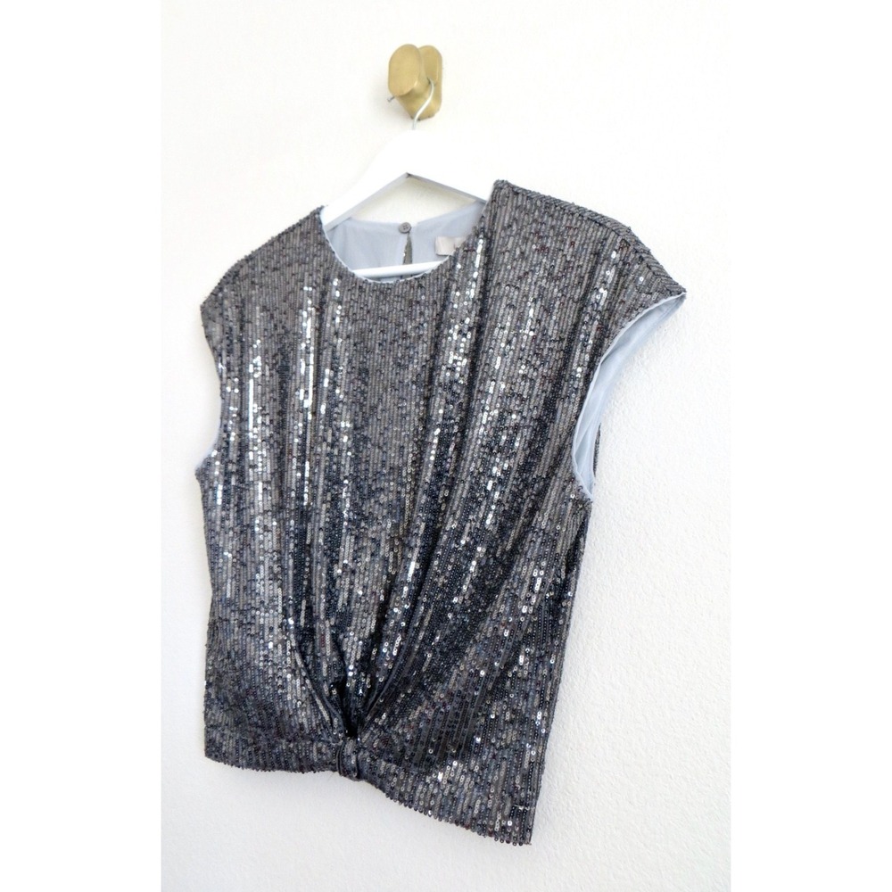 NEW! Ann Taylor Loft Metallic Silver Sequin Top Blouse Short Sleeve SZ S - Picture 3 of 5